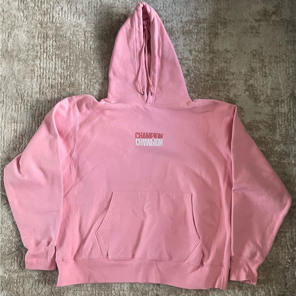 Light Pink Champion UO EXCLUSIVE Reverse Weave Embroidered Hooded Sweatshirt!
